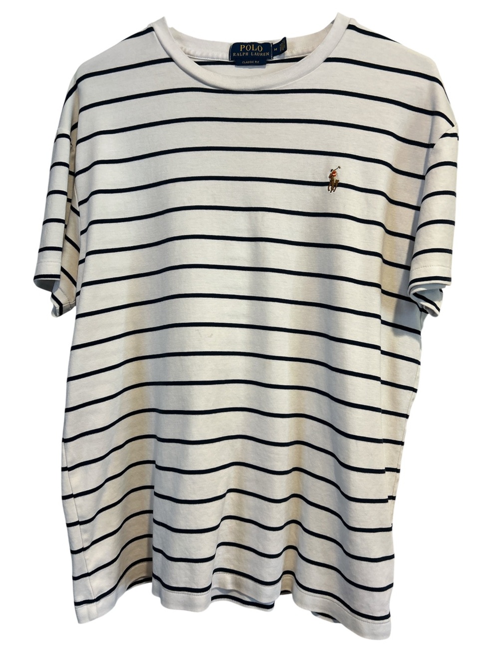 Polo by Ralph Lauren White Navy Striped Crewneck Tee. Classic Fit